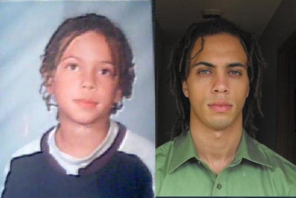 side by side photo comparison of adorable 7 year old boy and handsome 22 year old man with dreadlocks