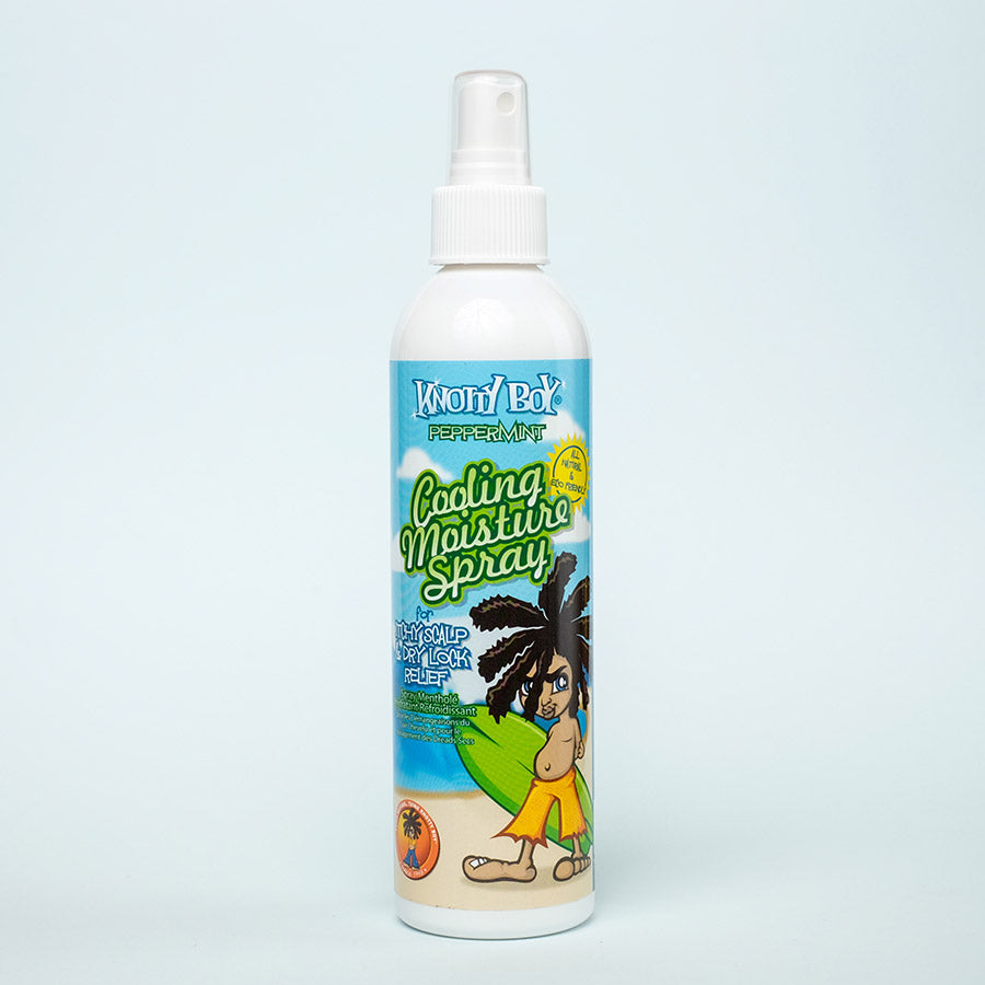 white plastic mister bottle with installed sprayer nozzle of peppermint cooling spray with blue label shoing mascot on a beach holding a surfboard