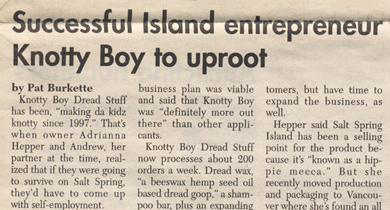 scanned image of article in The Barnacle, Salt Spring Island paper story about Knotty Boy moving away from Salt Spring Island