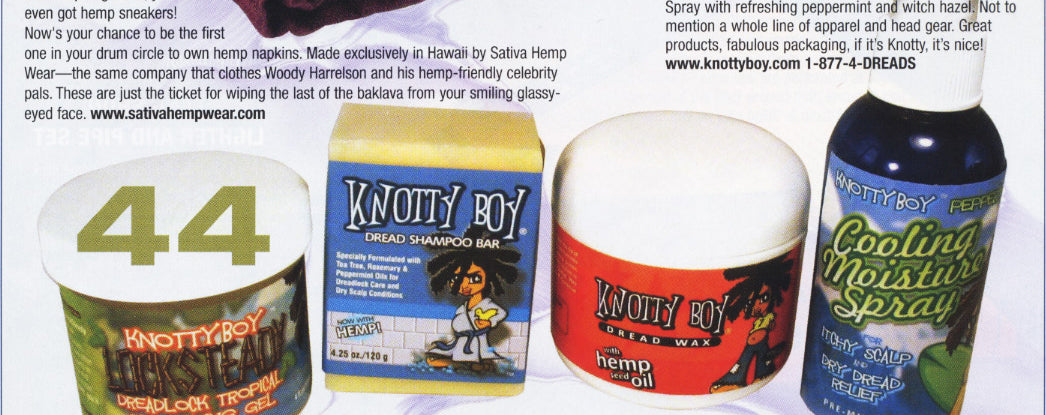 selection of merch on a scanned page of a lifestyle mag showing a selection of knotty boy dreadlock products