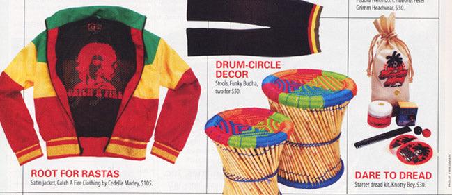 assortment of rasta colour themed clothing, drum circle seats, and Knotty Boy dreadlock starter kit showing contents