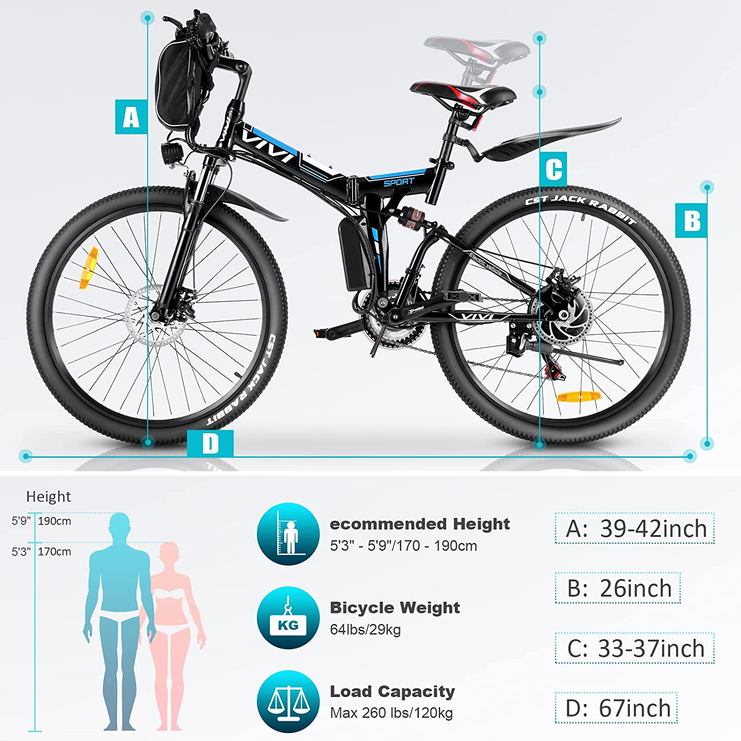 VIVI M026TGB Electric Folding Mountain Bike Size Guide