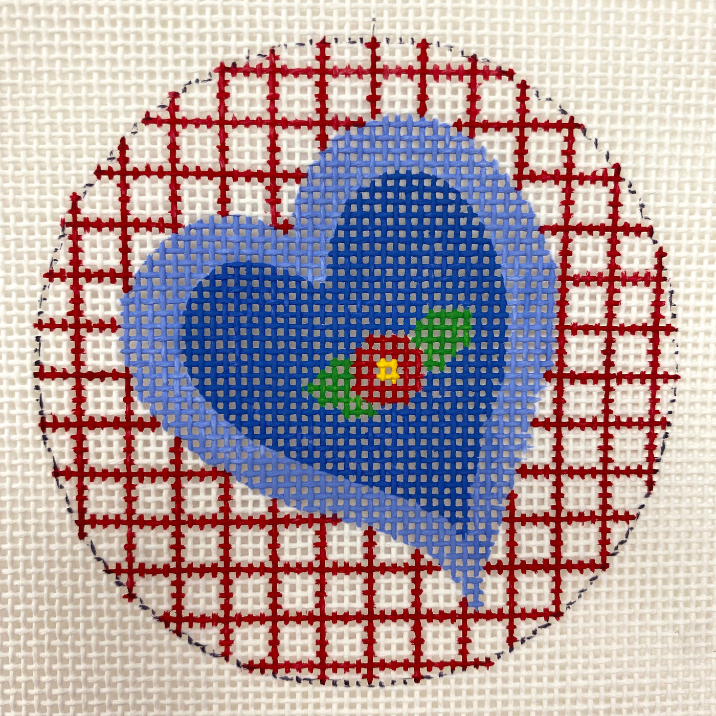 Blue Heart on Red Criss Cross Needlepoint Canvas
