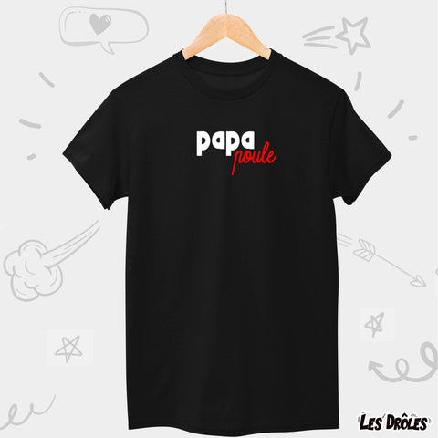 T-shirt "Papa Poule" bien plié, montrant la qualité du textile et le soin du design imprimé.