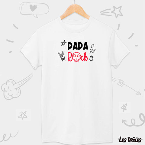 Gros plan sur le design audacieux du t-shirt "Papa Rock"