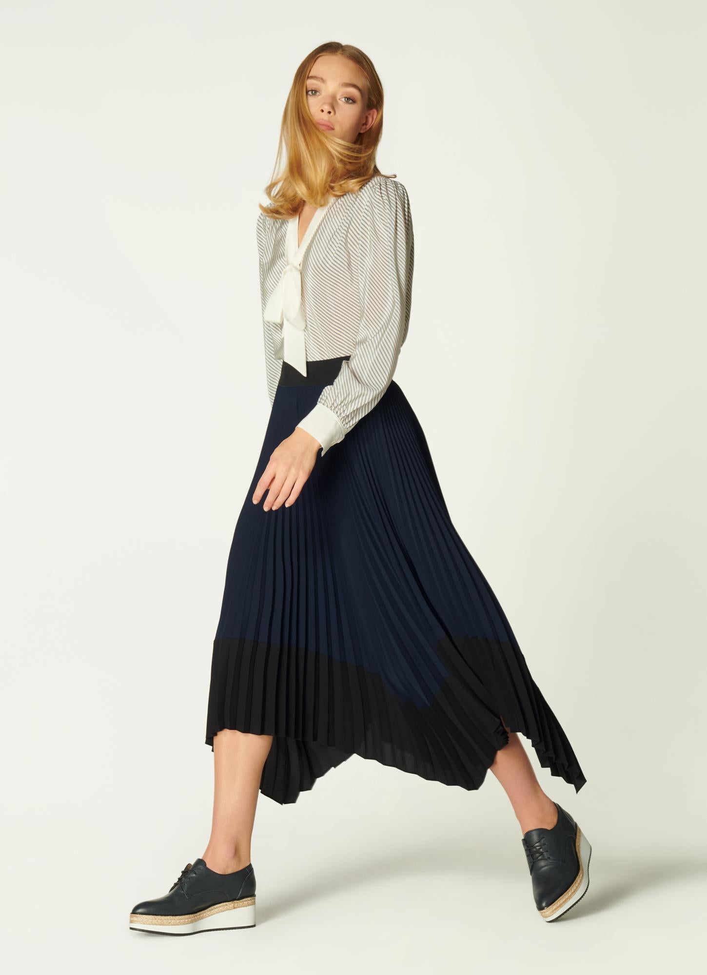 LK Bennett | Koller Navy Pleated Skirt | LK Borrowed