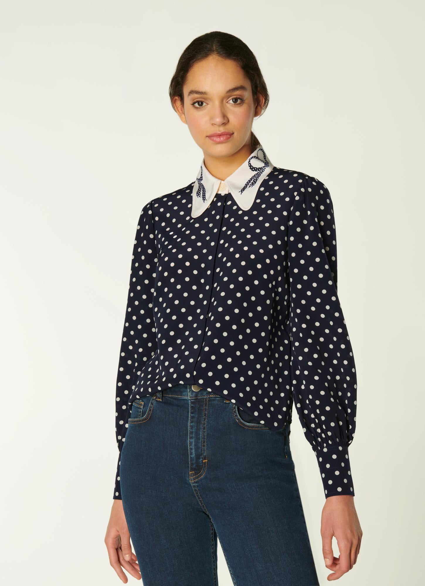 LK Bennett | Sonya Navy and Cream Spot Print Silk Blouse | LK Borrowed