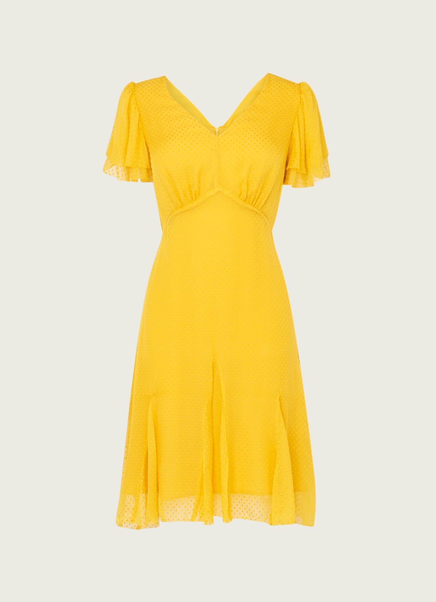 LK Bennett | Hally Yellow Silk Self-Spot Dress | LK Borrowed