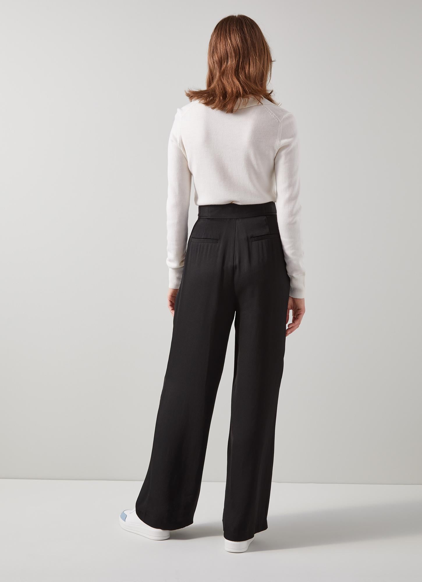 LK Bennett | Sisi Black Crepe Pleat Front Wide-Leg Trousers | LK Borrowed