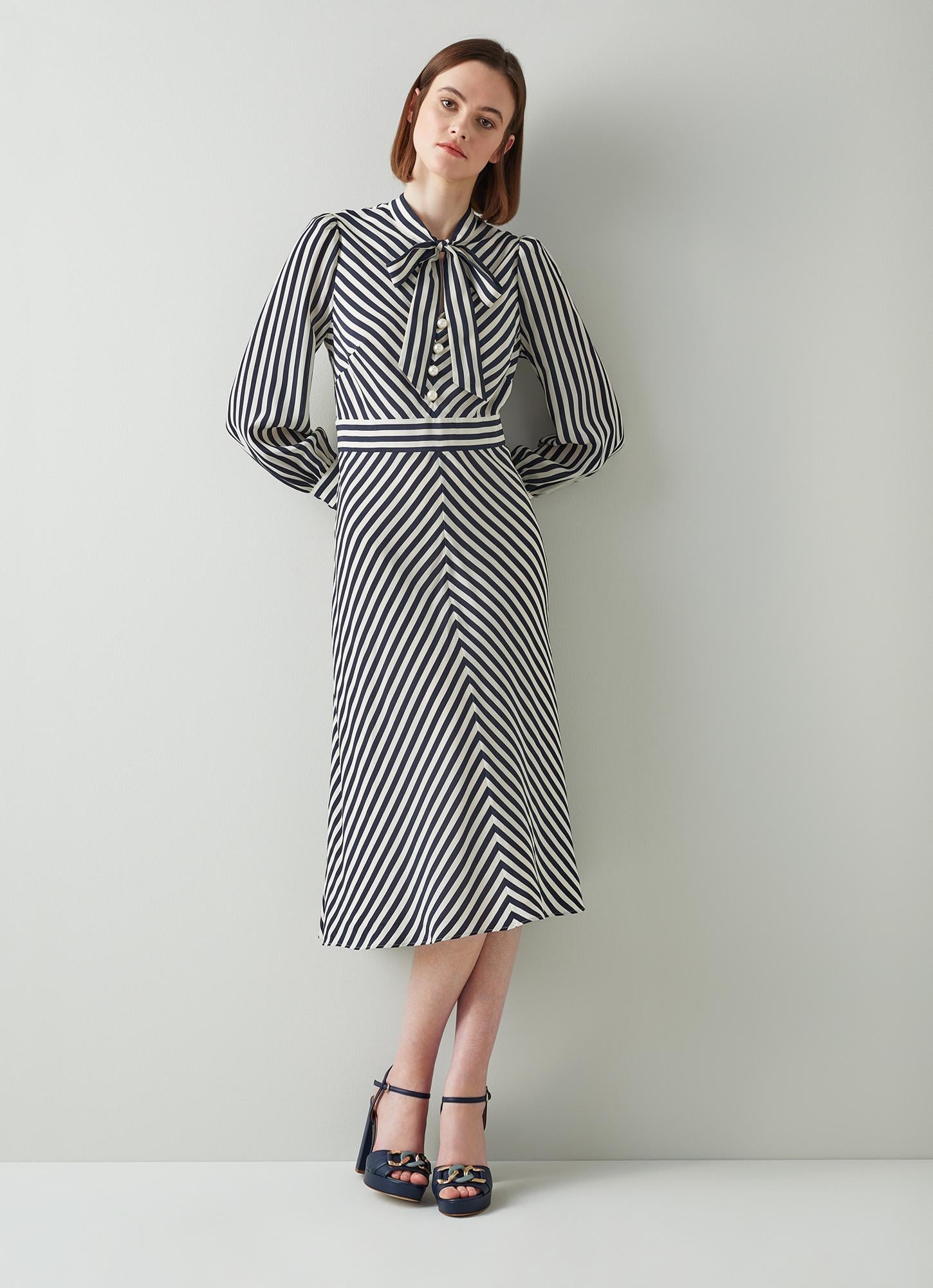 LK Bennett | Marcellin Navy and Cream Stripe Silk Dress | LK Borrowed