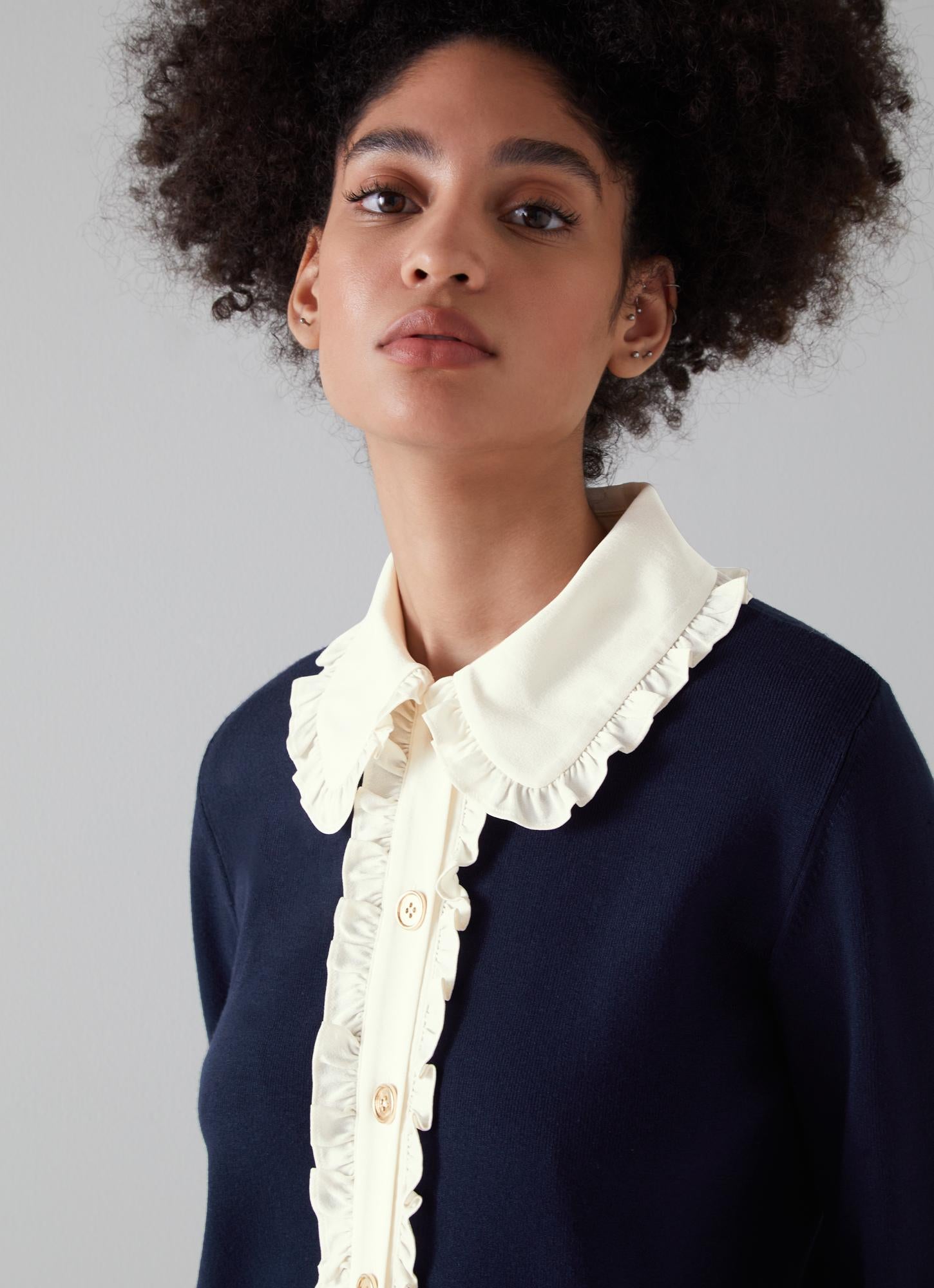 LK Bennett | Paris Navy Knit and Cream Blouse Cardigan | LK Borrowed