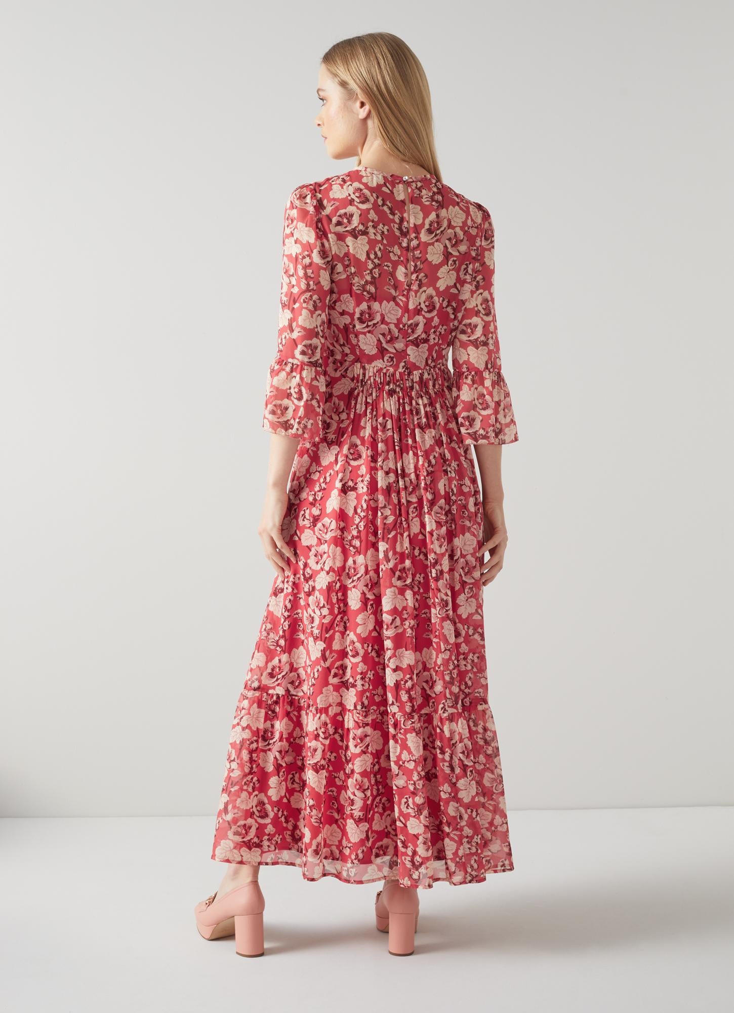LK Bennett | Lourdes Red Silk English Rose Print Maxi Dress | LK Borrowed