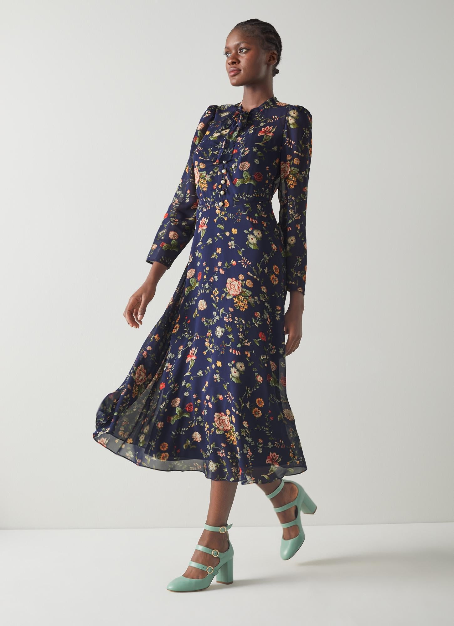 LK Bennett | Keira Navy Camelia Print Silk Georgette Midi Dress | LK ...