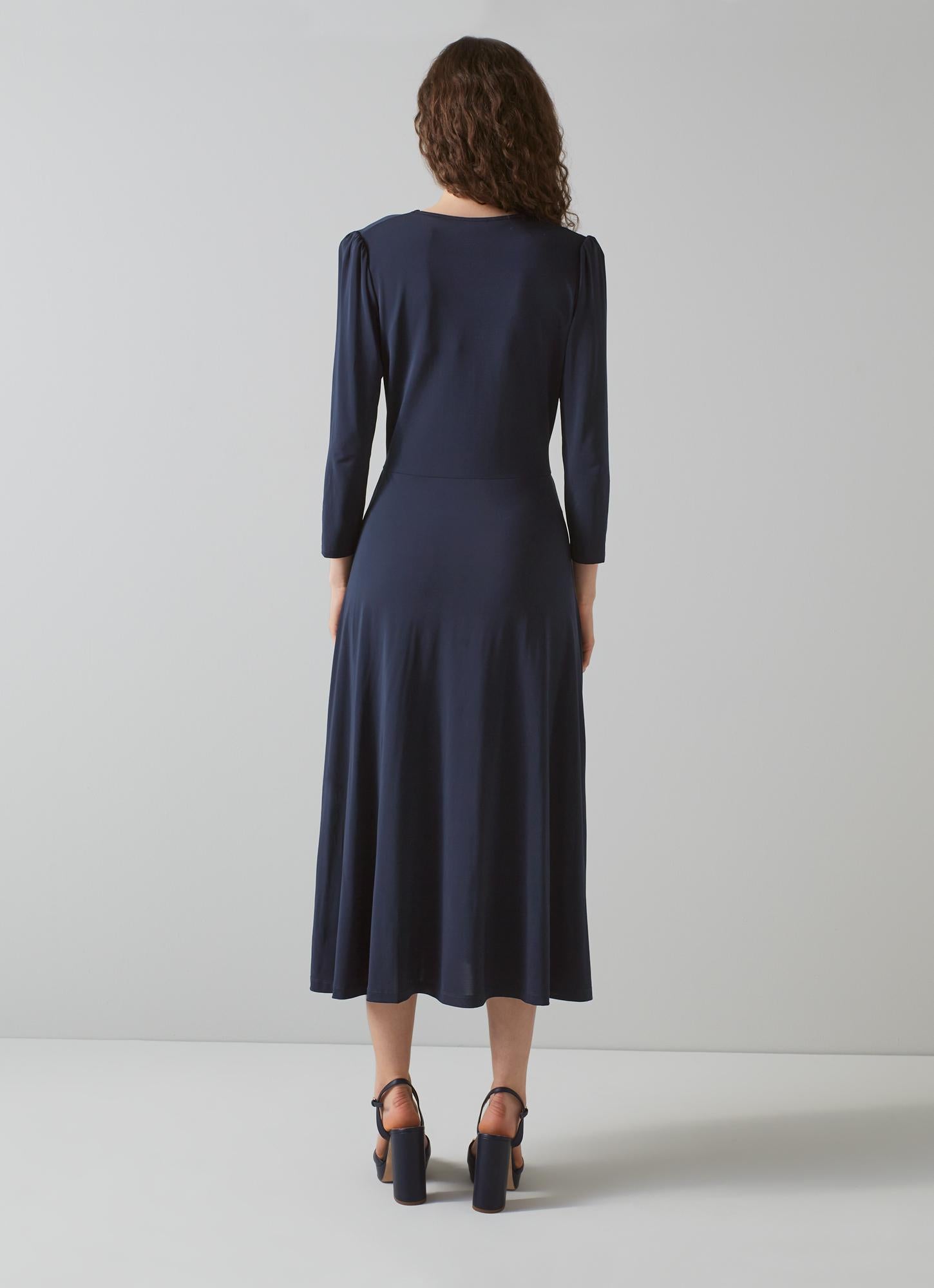 LK Bennett | Lottie Navy Blue Ruched Front Midi Dress | LK Borrowed