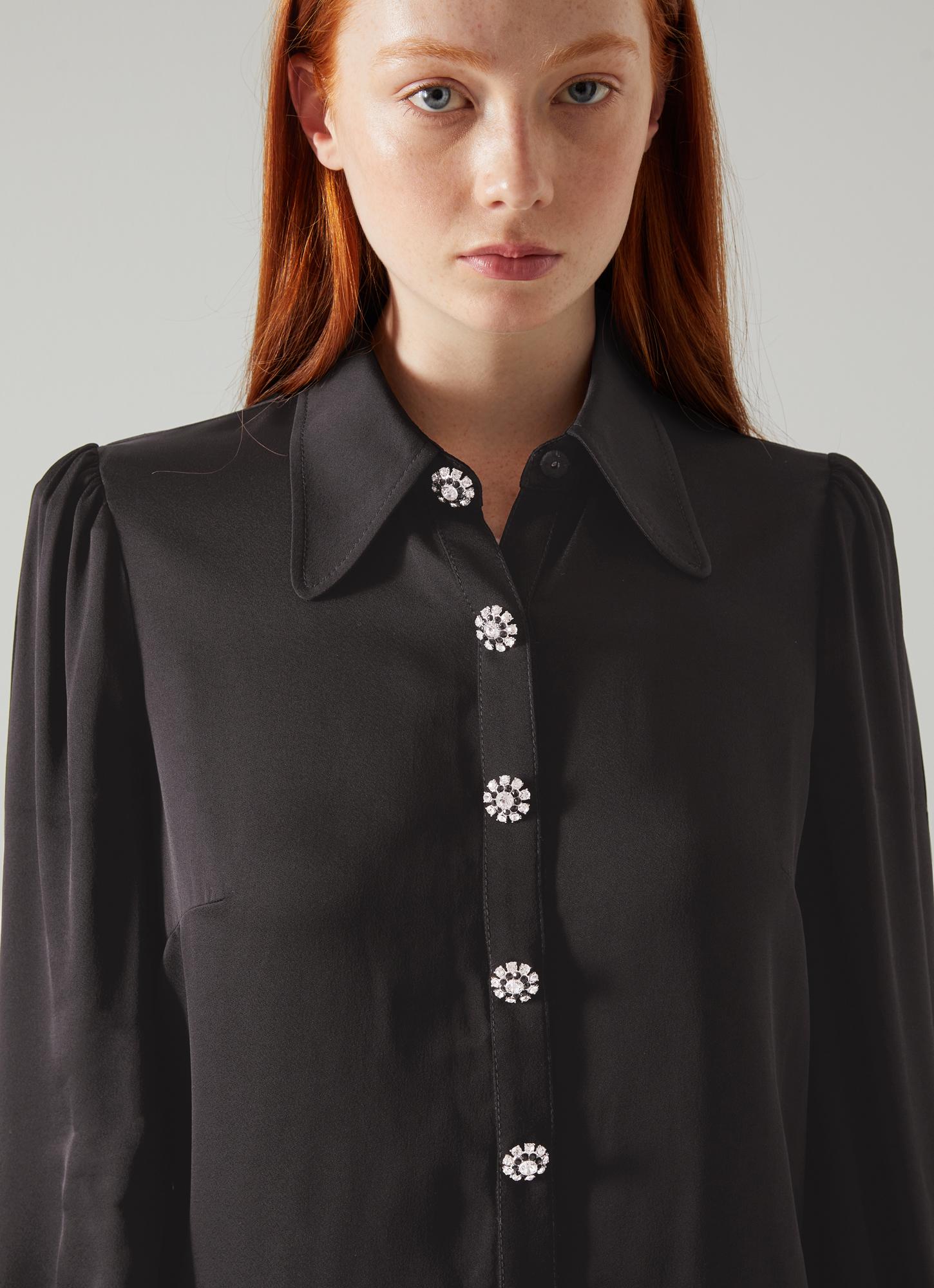 LK Bennett | Sonya Black Crepe Crystal Button Blouse | LK Borrowed