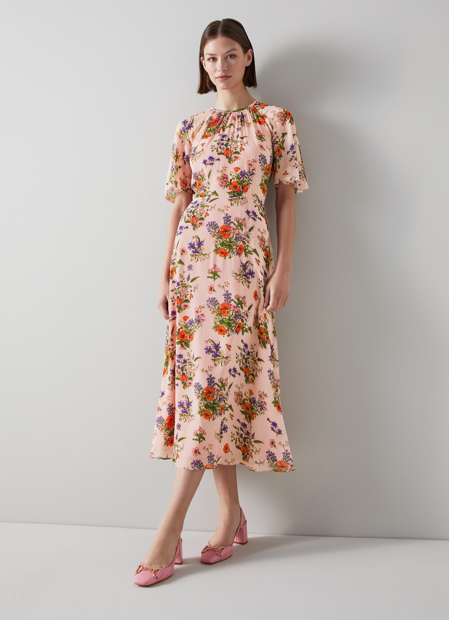 LK Bennett | Elowen Pink Poppy Print Midi Dress | LK Borrowed