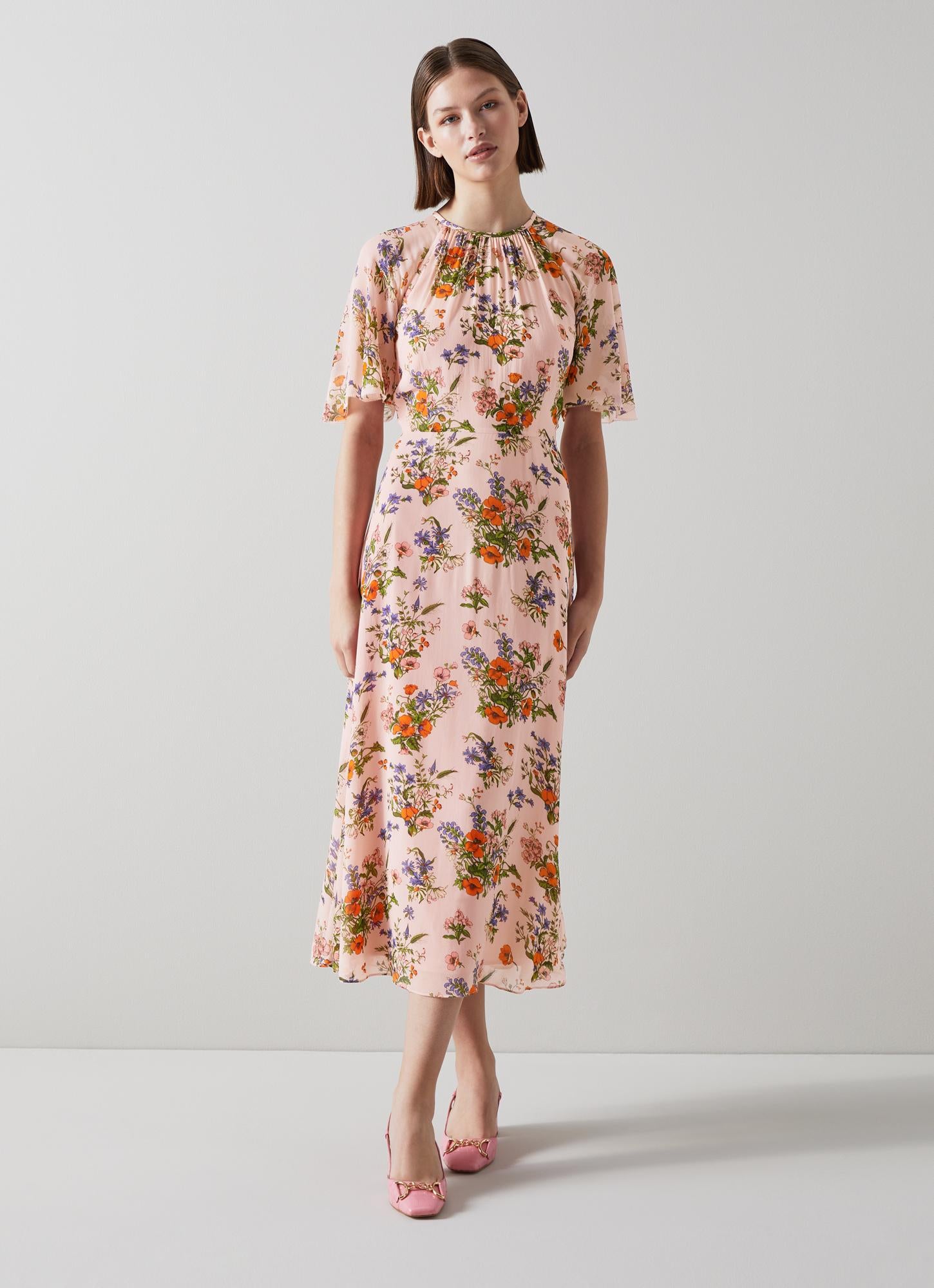 LK Bennett | Elowen Pink Poppy Print Midi Dress | LK Borrowed
