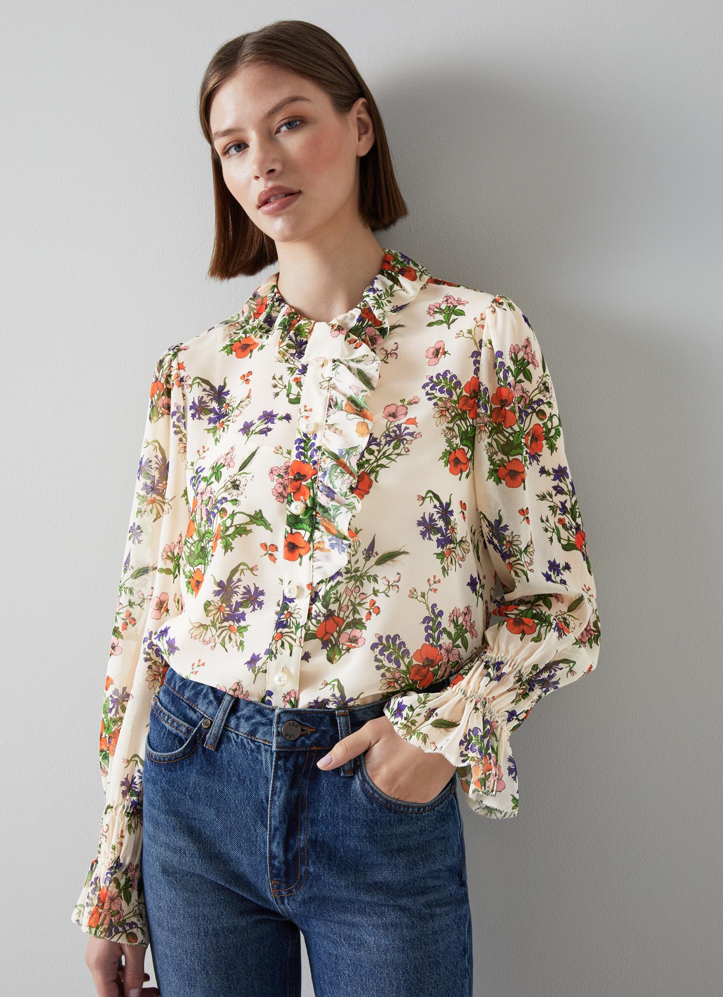 LK Bennett | Elowen Cream Poppy Print Recycled Polyester Blouse | LK ...