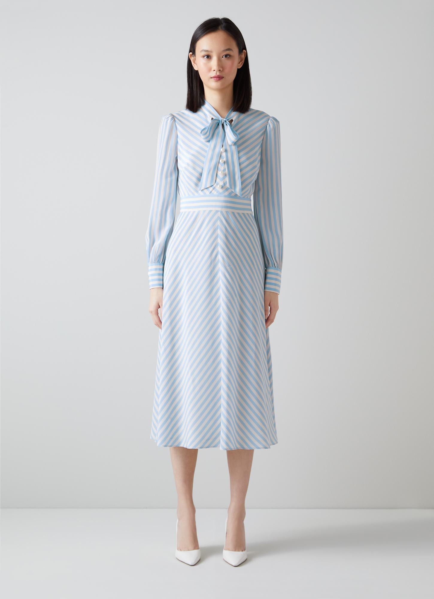 LK Bennett | Marcellin Blue and Cream Stripe Silk Dress | LK Borrowed