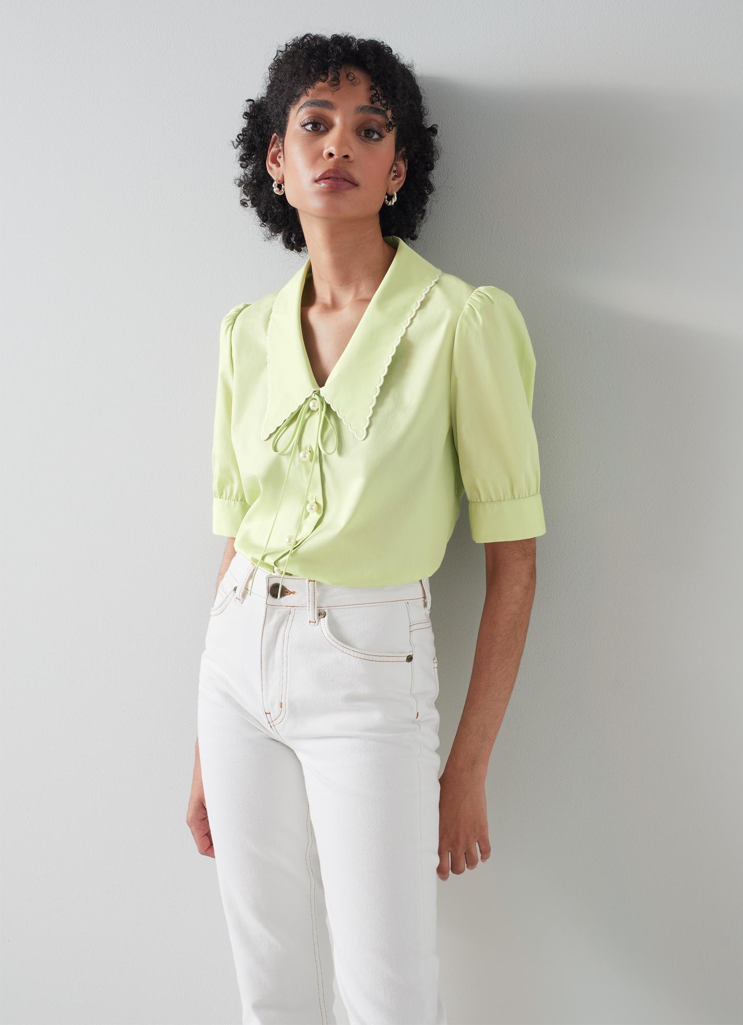 LK Bennett | Bay Pistachio Cotton Scallop Collar Blouse | LK Borrowed