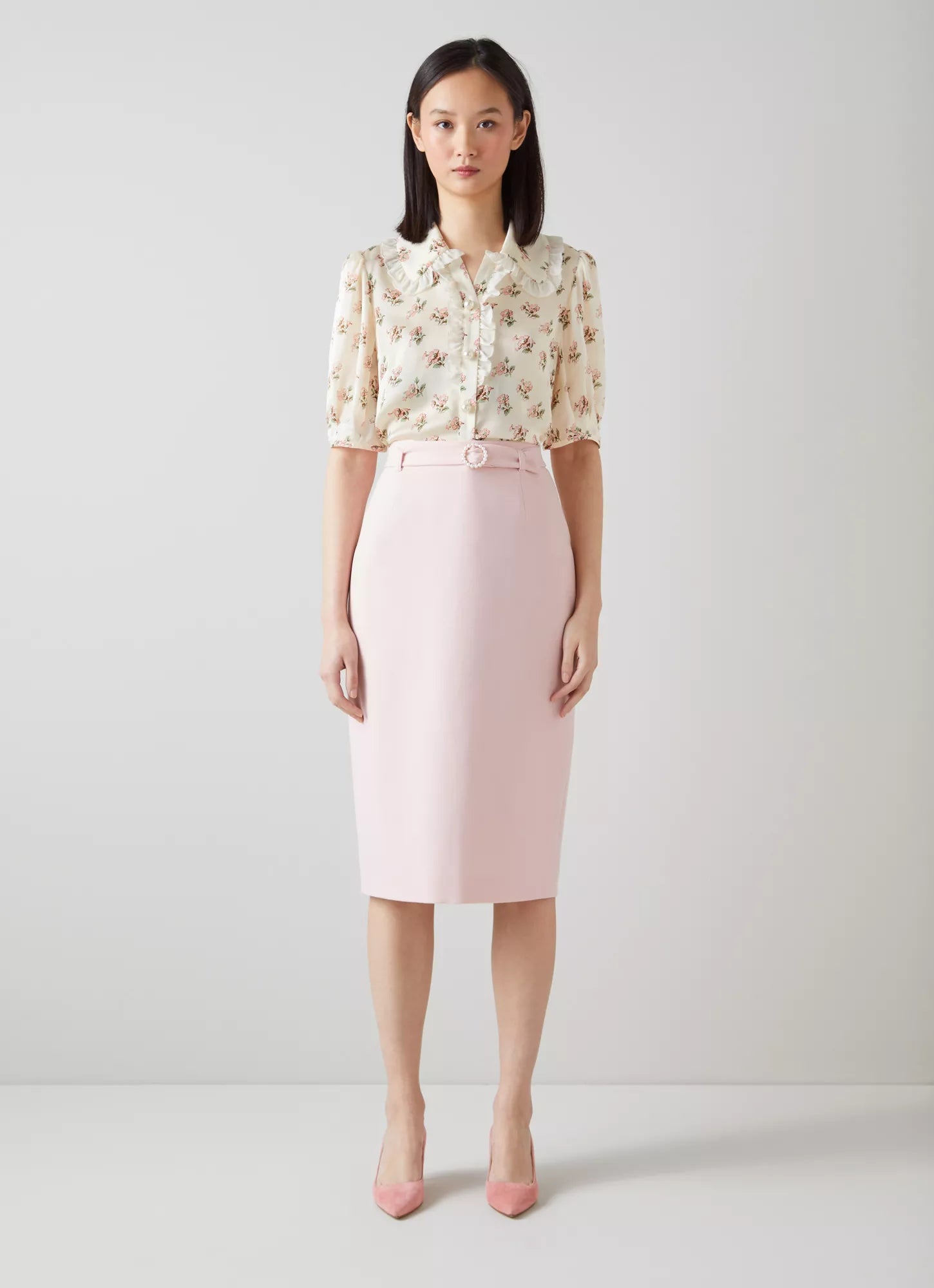 LK Bennett | Rosie Cream and Pink Primula Print Silk Blouse | LK Borrowed