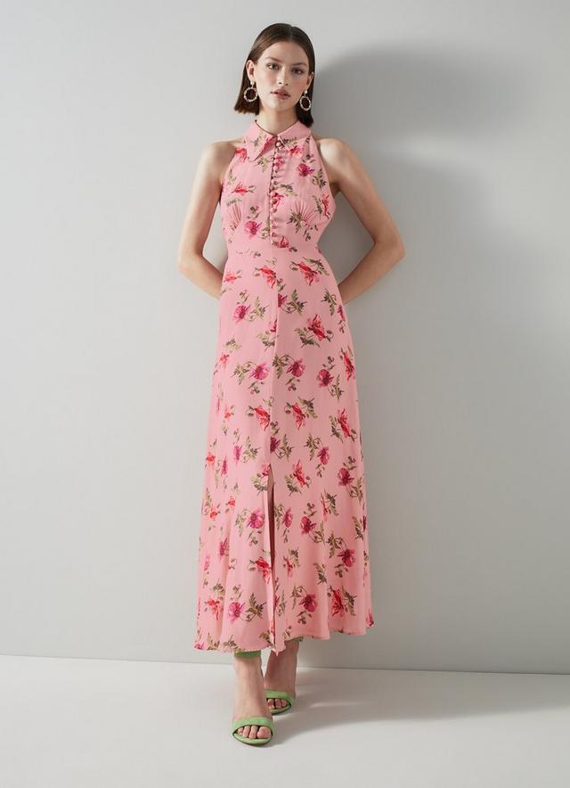 LK Bennett | Flori Pink Poppy Print Silk Cutaway Dress | LK Borrowed