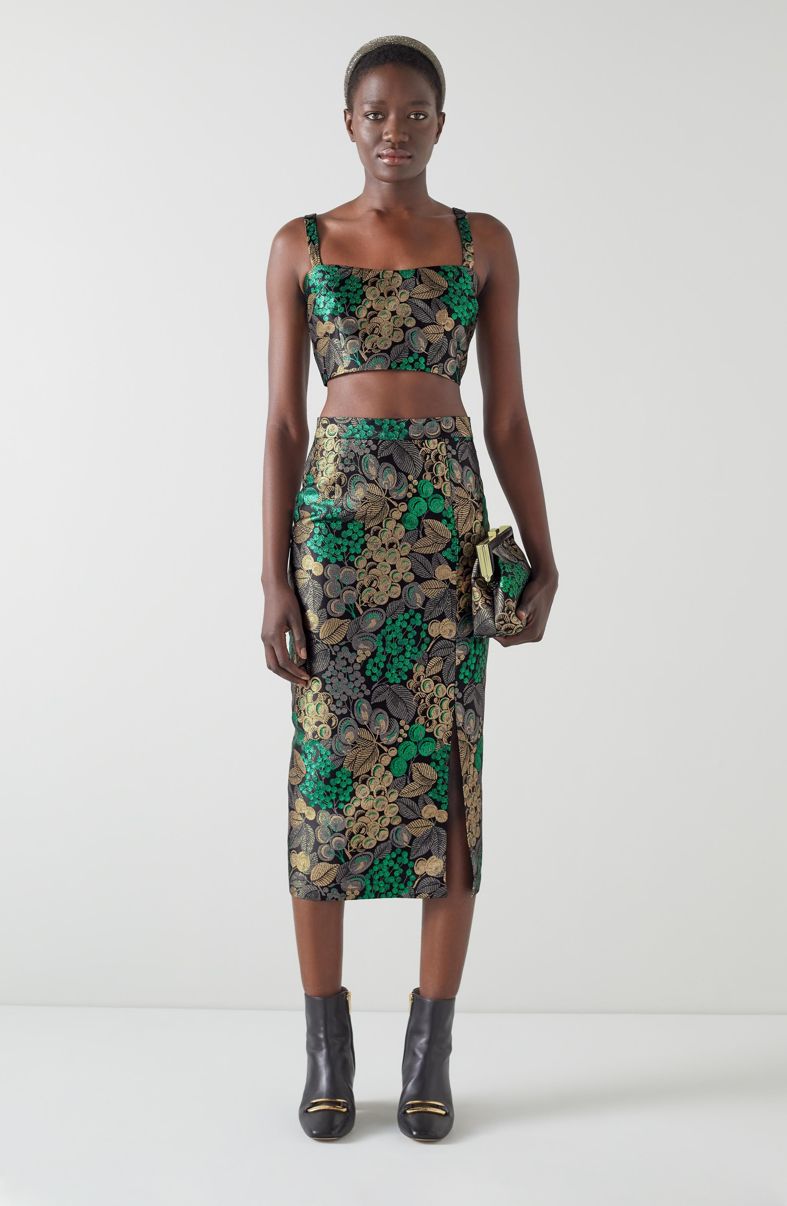 LK Bennett | Charlotte Metallic Fruit Brocade Midi Skirt | LK Borrowed