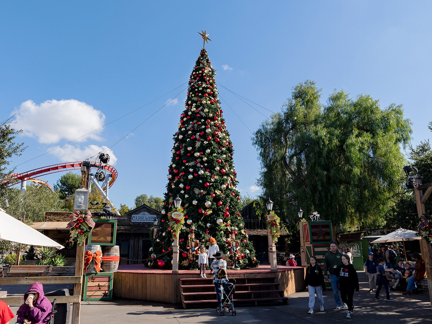 Festive fun takes center stage under the dazzling Christmas tree at Knotts Merry Farm, where twinkling lights and joyous screams fill the air.