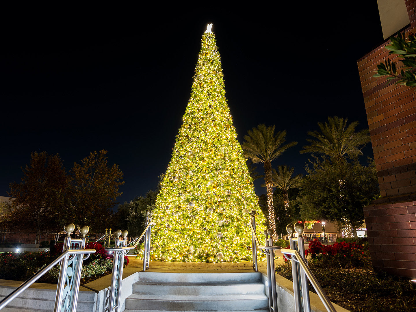 A towering Christmas tree adorned in shimmering gold, crisp white, and gleaming silver ornaments, standing majestically against the night sky.