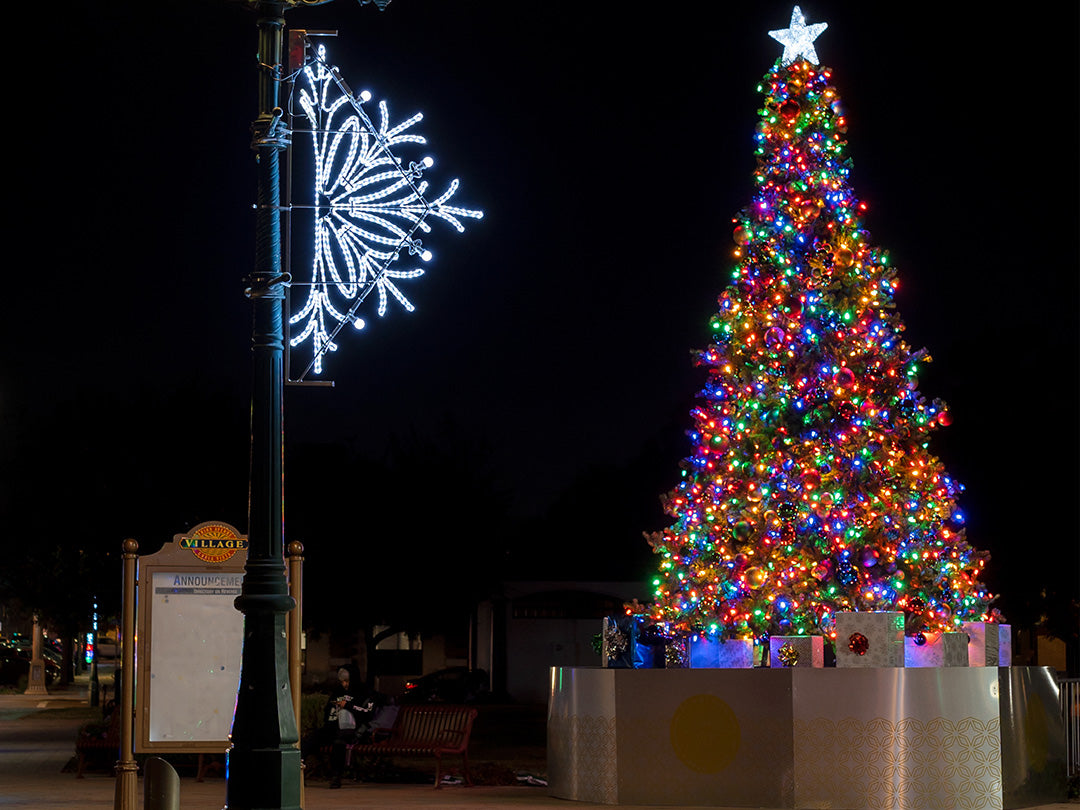 Outdoor Christmas display showing off a giant beautiful RGB tree alongside a Half Snowflake LED Pole Mount.