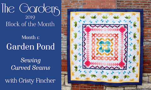 The Gardens BOM - Garden Pond with drunkard's path quilt blocks and curved seams