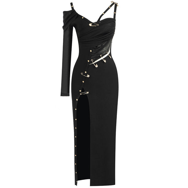 Vintage Gold Chain Strappy Deep V Evening Maxi Dress - Black