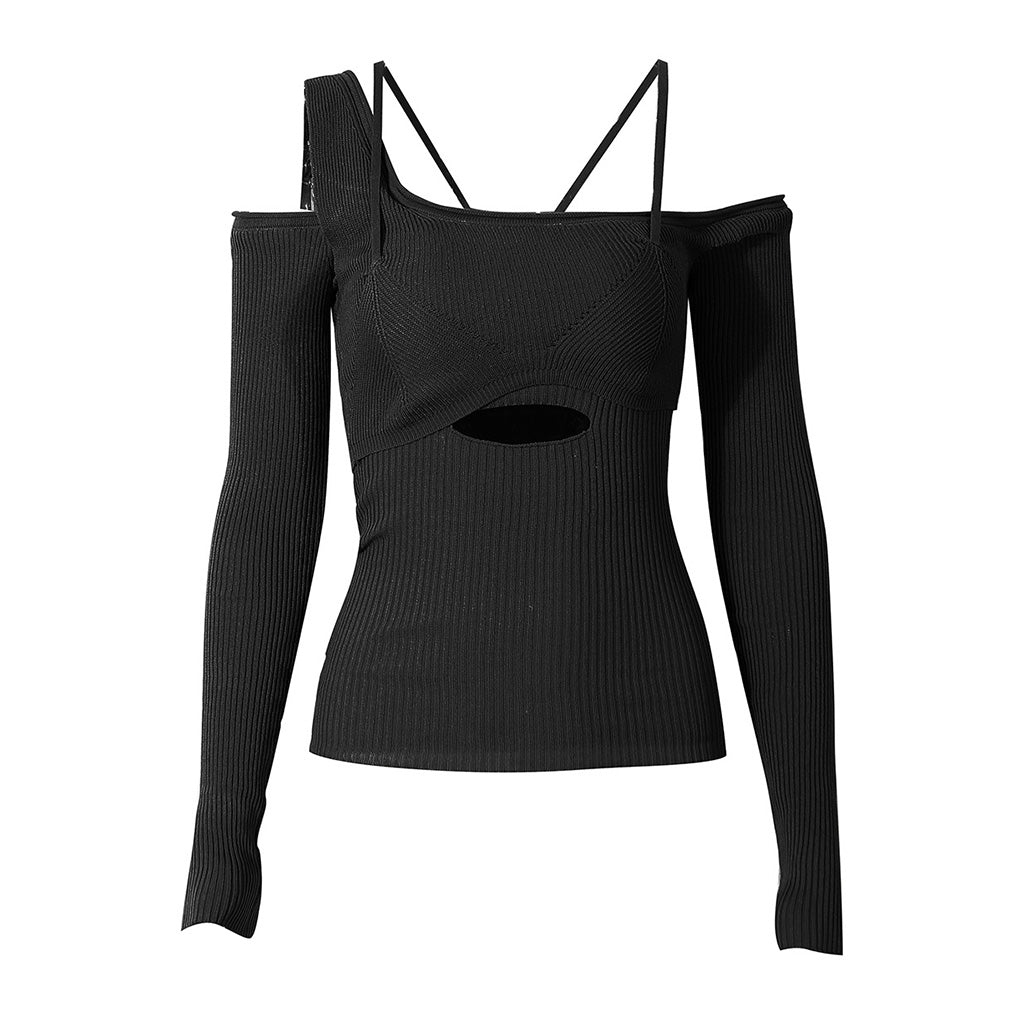 Asymmetric Off the Shoulder Long Sleeve Cutout Ribbed Knit Crop Top ...