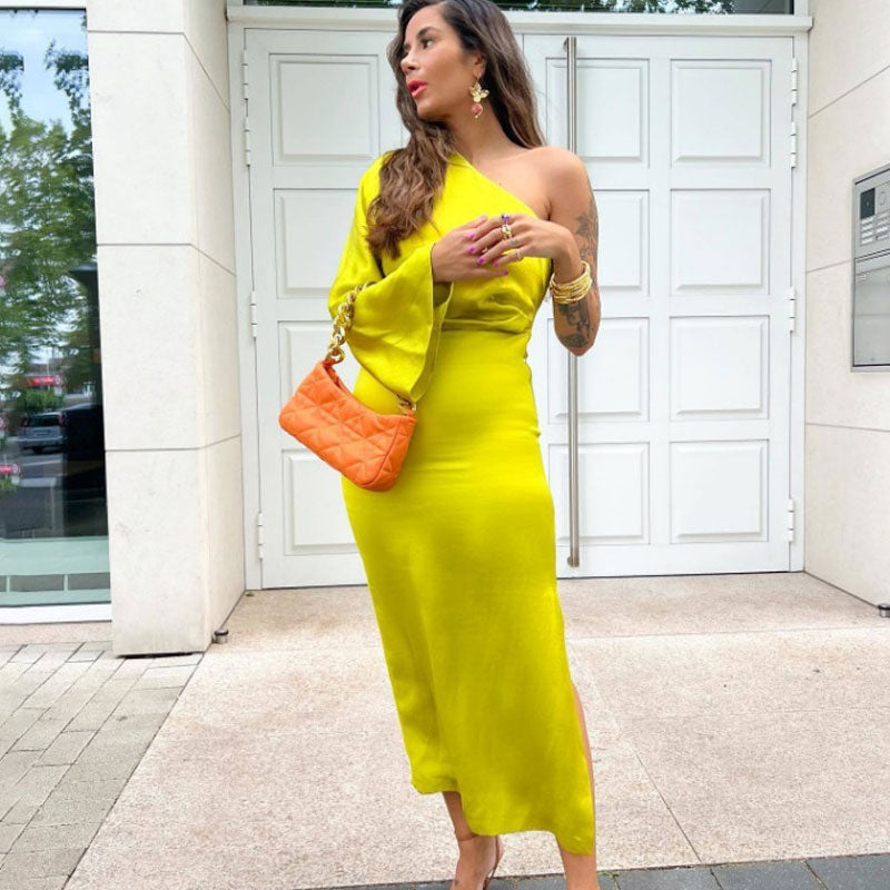 Asymmetric One Shoulder Bell Sleeve Split Midi Dress - Chartreuse Yell ...