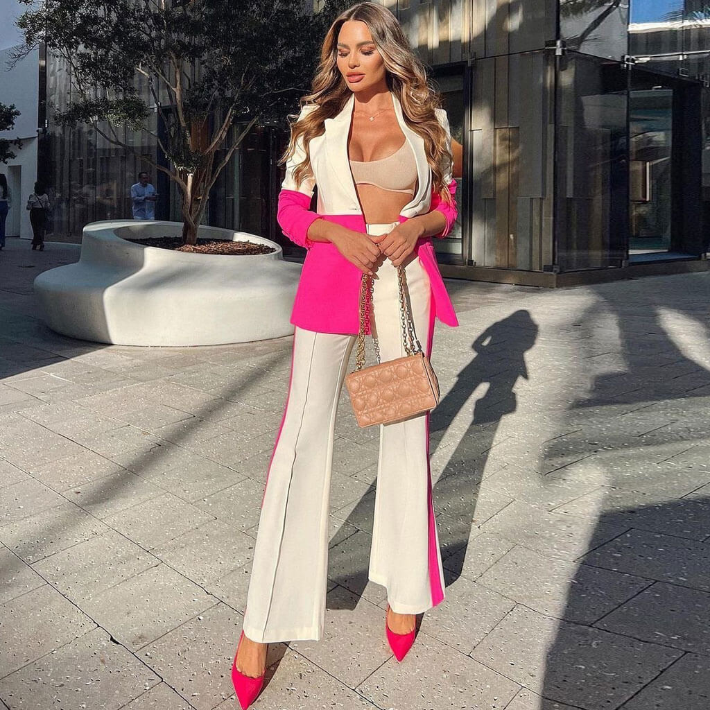 Chic Color Panel Single Breasted Bootcut Blazer Matching Set - Pink ...