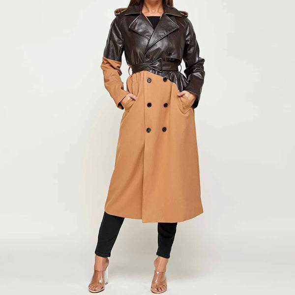 Luxury Leopard Print Belted Lapel Leather Longline Trench Coat - Coffe –  Luxedress