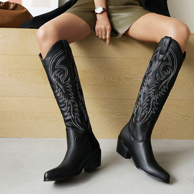 Classic Embroidered Knee High Round Toe Cuban Heel Western Boots - Bla ...