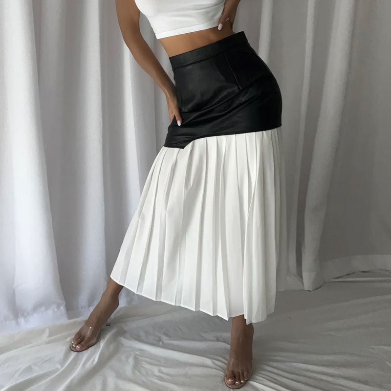 Deconstructed High Rise Vegan Leather Layered Midi Pleated Skirt - White