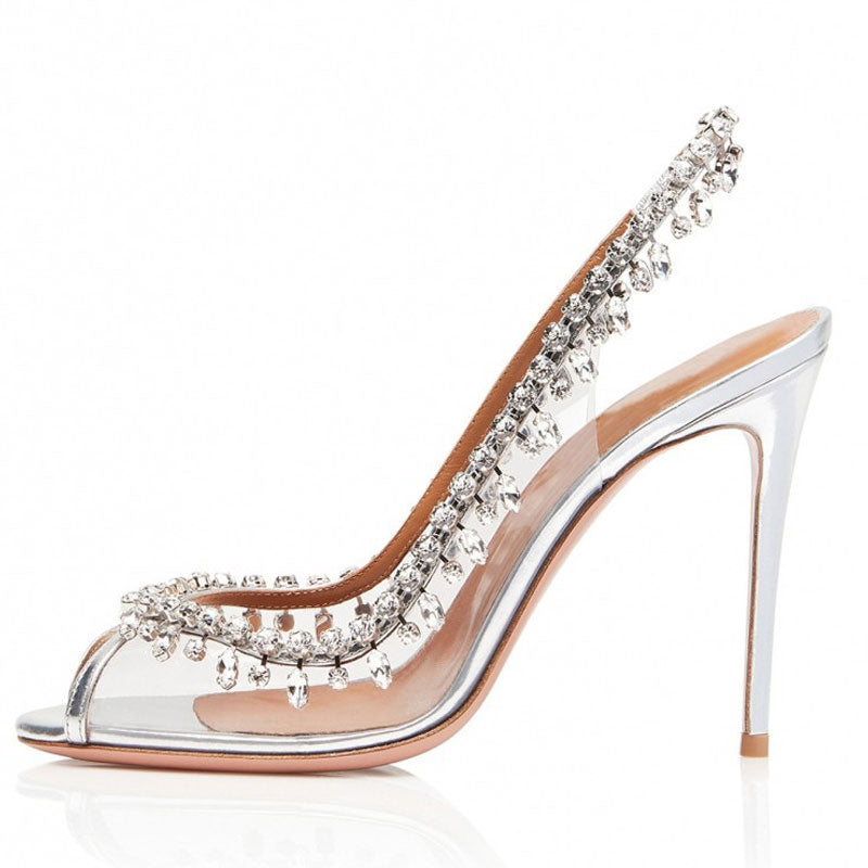 Draping Crystal Detail Peep Toe Clear Stiletto Slingback Heels - Silve ...