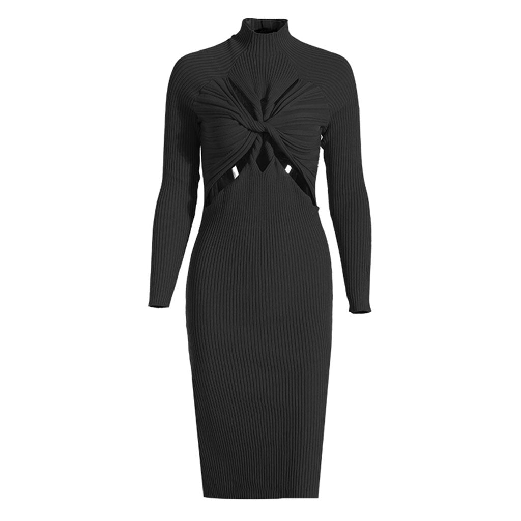 Edgy Twist Front Cutout High Neck Long Sleeve Rib Knit Midi Dress Bl Luxedress 