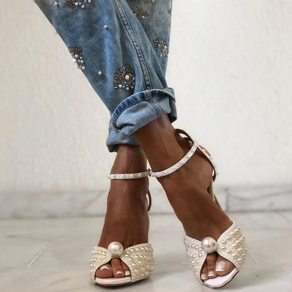 Elegant Pearl Embellished Peep Toe Stiletto Sandals - White – Luxedress