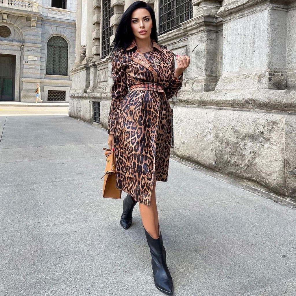 Luxury Leopard Print Belted Lapel Leather Longline Trench Coat - Coffe ...