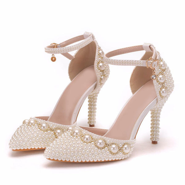 Solid Color Lace Pointed Toe Sandals, Women's Stiletto Heeled Ankle-Strap Faux Pearl Decor Stylish White Buckle Wedding Sandals,Temu
