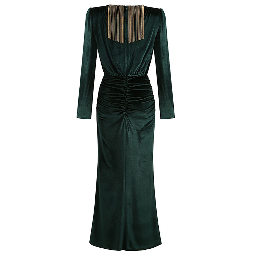 Luxury Velvet Fringe Deep V High Slit Maxi Evening Dress - Emerald Gre ...