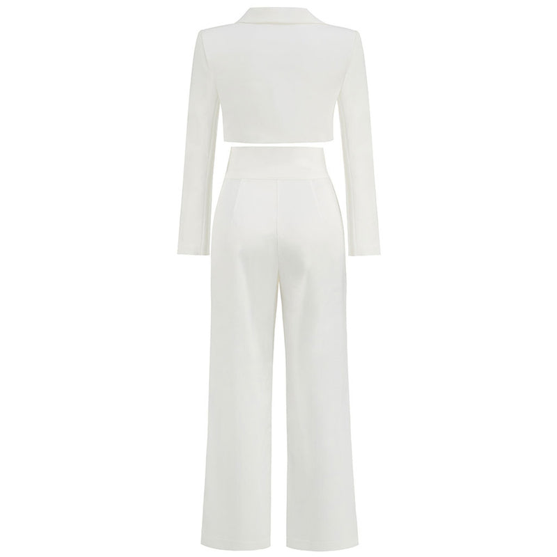 Neat Lapel Collar Long Sleeve Crop Blazer Matching Set - White – Luxedress
