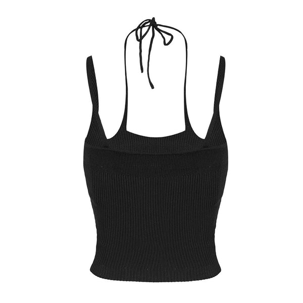 Sexy Cross Front Halter Neck Fitted Ribbed Knit Layered Crop Top ...