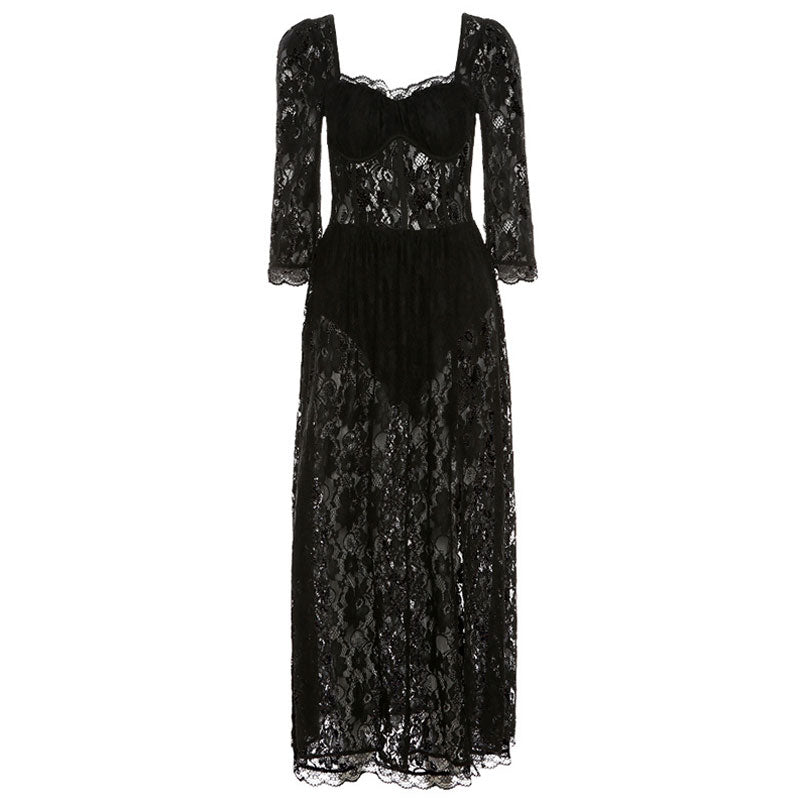 Sexy Scalloped High Slit Square Neck Lace Maxi Dress - Black – Luxedress