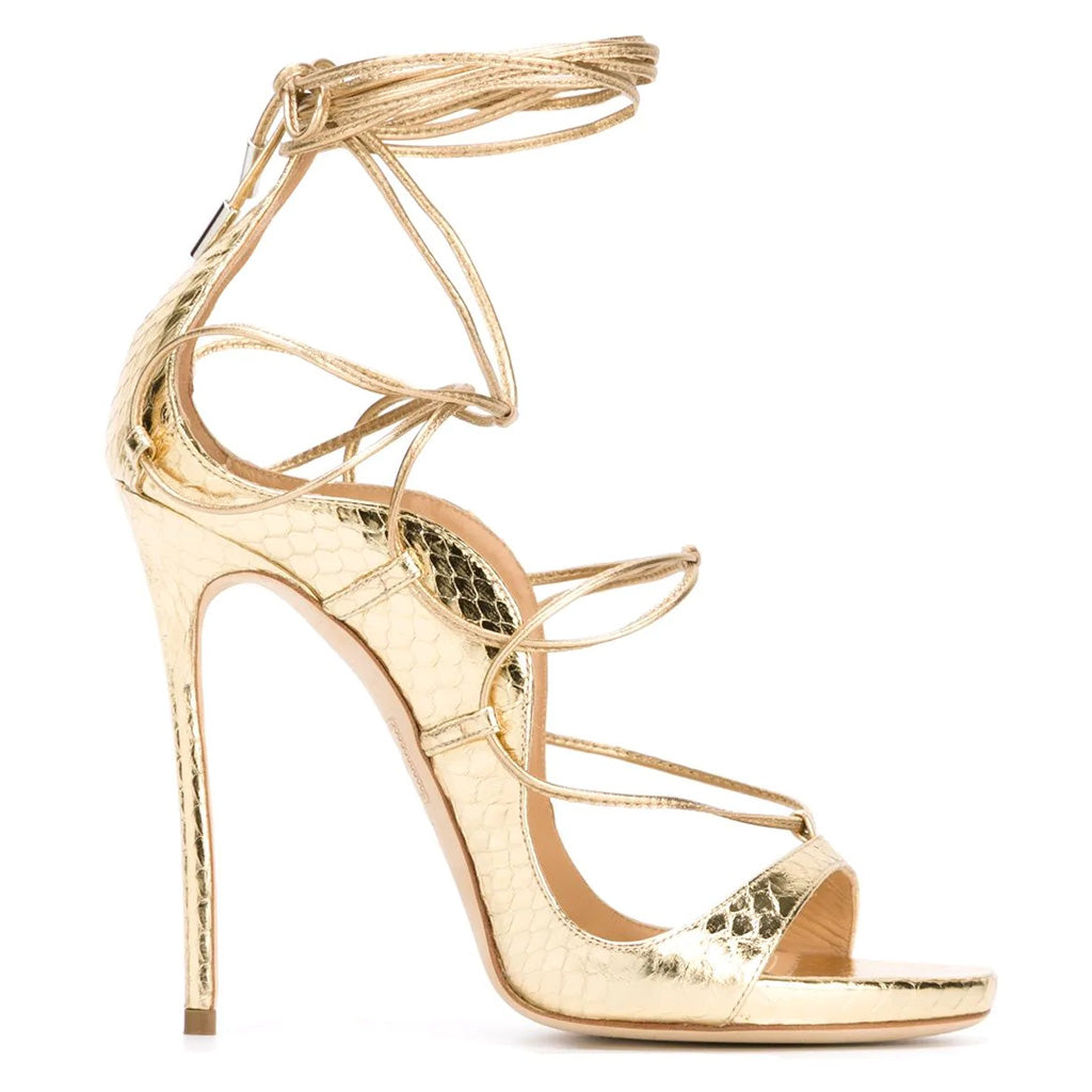 Sexy Snake Effect Lace Up High Heel Sandals - Gold – Luxedress