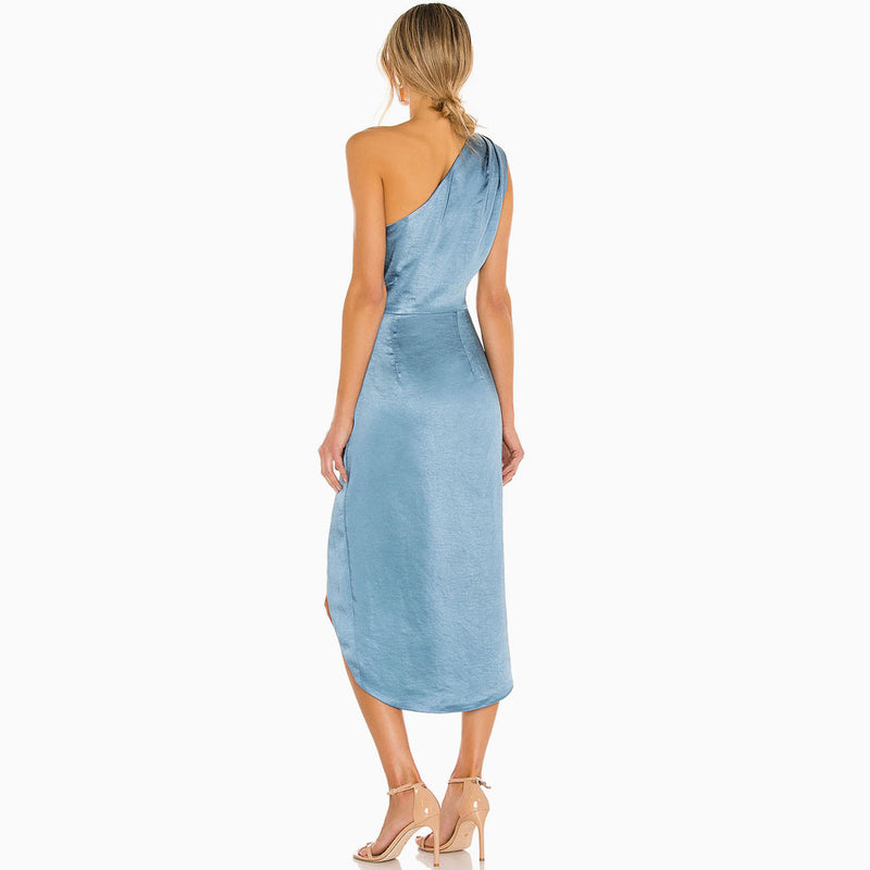 Silky High Slit Ruched One Shoulder Satin Cocktail Midi Dress - Blue