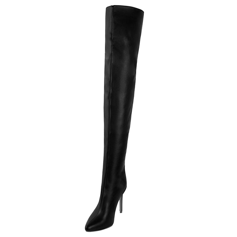 Sleek Pointed Toe Faux Leather Over Knee Stiletto Boots Black Luxedress 